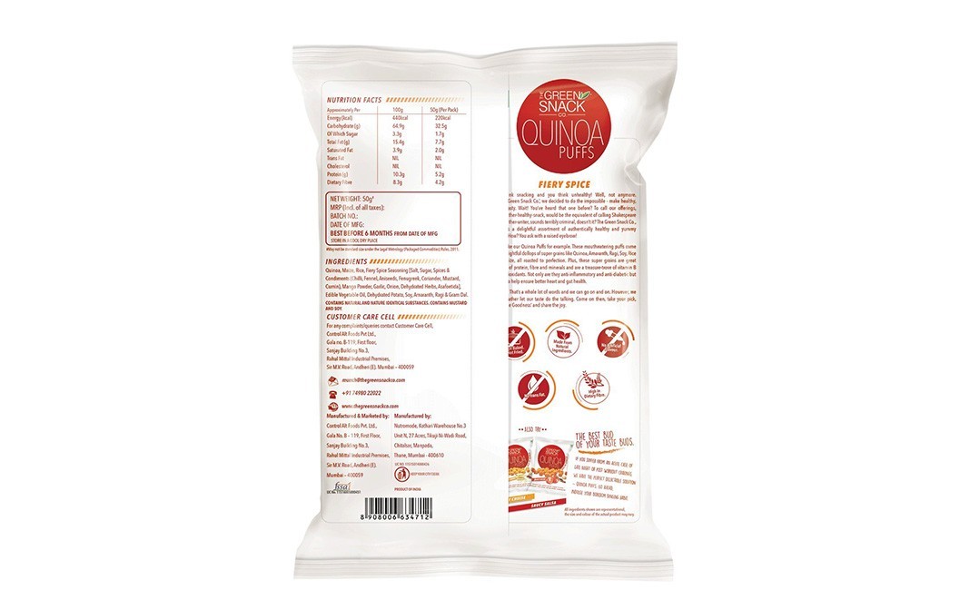 The Green Snack Co Quinao Puffd, Fiery Spice    Pack  50 grams